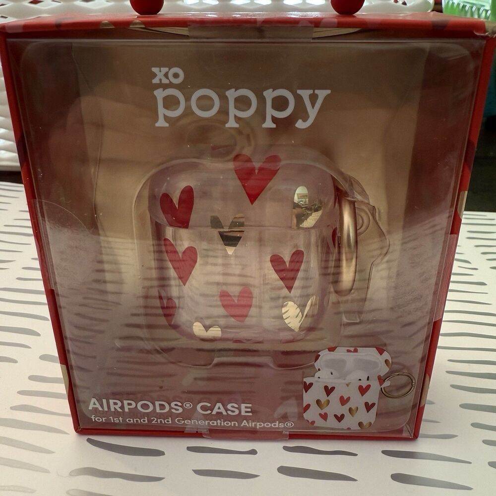 New XO Poppy AirPods Case Keychain 1st & 2nd Generation Clear With Hearts